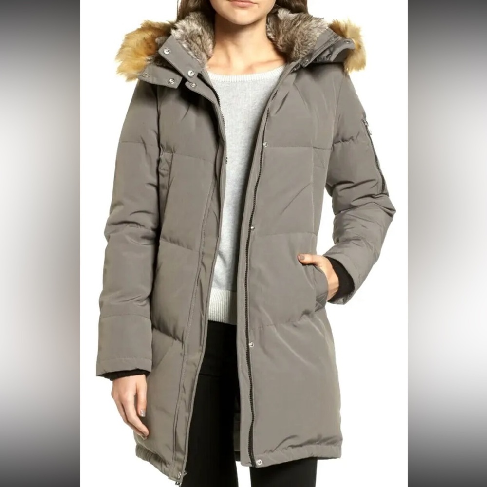 Vince Camuto Womens Posh Faux Fur Hooded Down/Feather Parka Coat Grey L